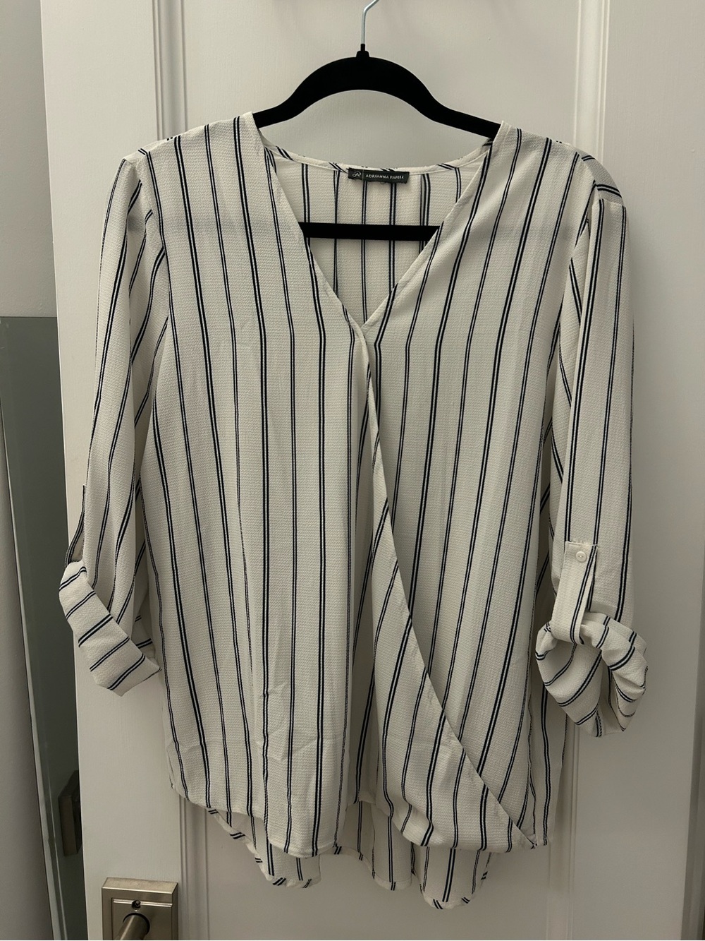 Adrianna Papell White Blouse with Navy Vertical Stripes